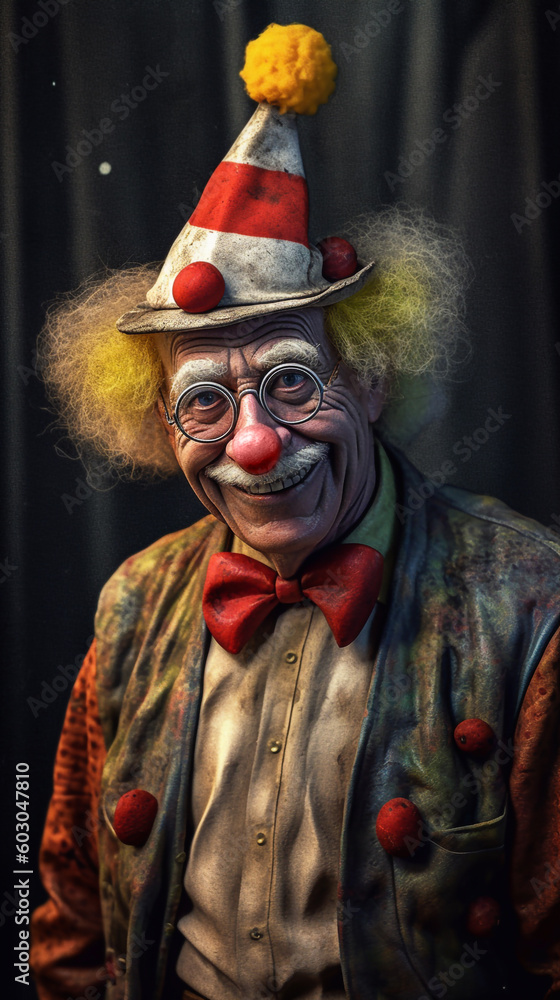 A smiling elderly man with colorful clothes and clown makeup - ai generative