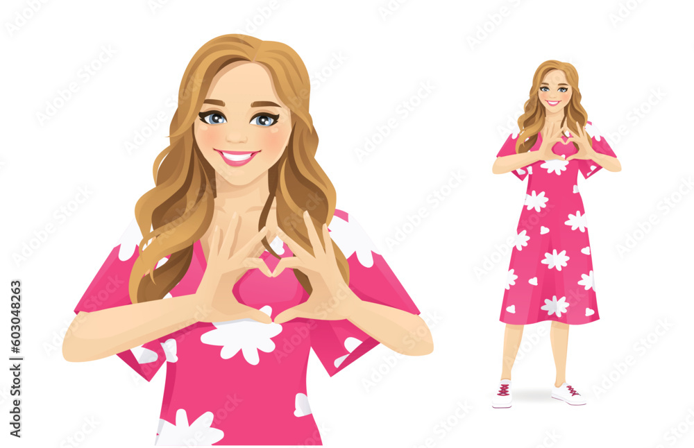 Happy cute young beautiful woman curly hairstyle in dressmaking heart shape with hands standing. Love concept isolated vector illustration Happy cute young beautiful woman curly hairstyle in dressmaking heart shape with hands standing. Love concept isolated vector illustration