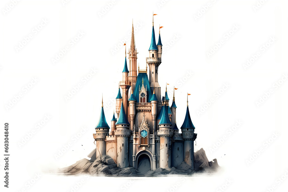 Fairytale Cinderella castle with blue turrets, old world, fantasy  - obrazy, fototapety, plakaty 