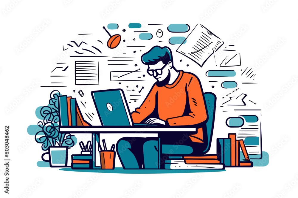 Doodle inspired Technical writer creating diagrams, cartoon sticker ...
