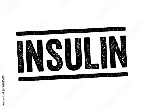 Insulin is a peptide hormone produced by beta cells of the pancreatic islets encoded in humans by the INS gene, text concept stamp