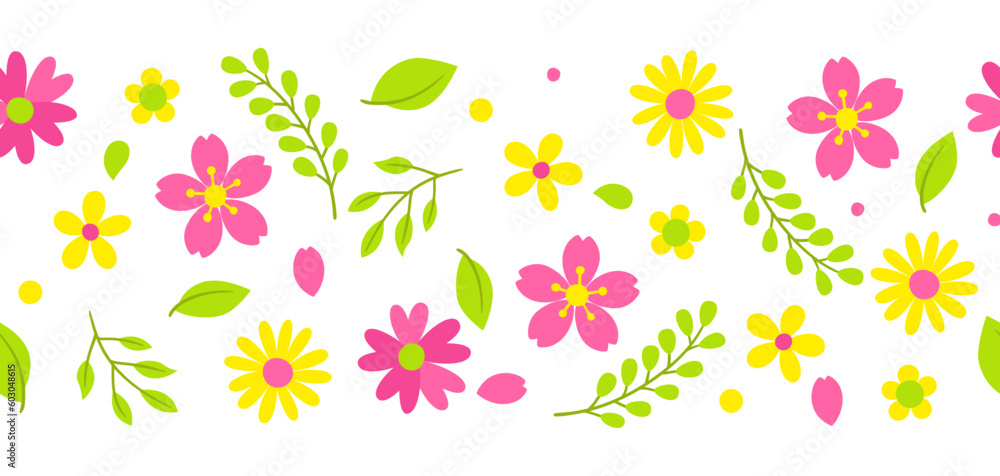 Pattern with spring flowers. Beautiful decorative natural plants, buds and leaves.