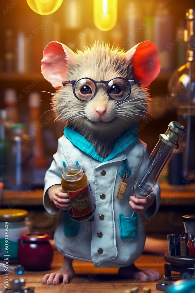 Rat Mad Scientist on a Colorful Background. Generative ai