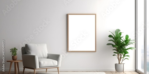 Blank picture frame mockup on white wall,Generative AI.