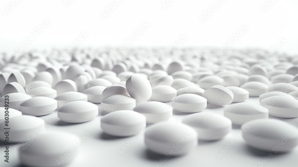 White medicine pills and tablets on white background. Healthcare concept. Generative Ai technology. White medicine pills and tablets on white background. Healthcare concept. Generative Ai technology.