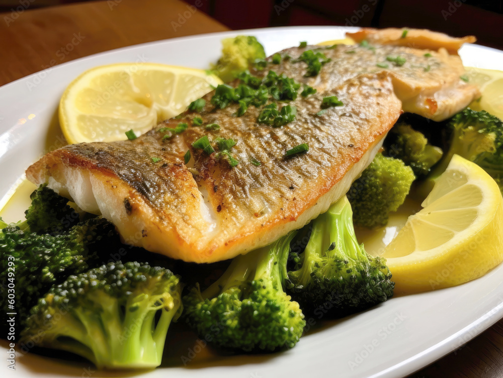 Appetizing dish of grilled fish, lemon and broccoli Appetizing dish of grilled fish, lemon and broccoli