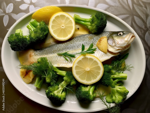 Appetizing dish of grilled fish, lemon and broccoli