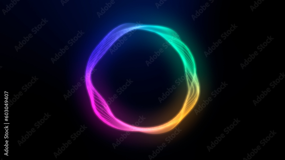 Illustration of an abstract multicolored neon circle on a dark background. Illustration of an abstract multicolored neon circle on a dark background.