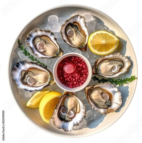 Dish with oysters, sliced lemon, ice on a white background