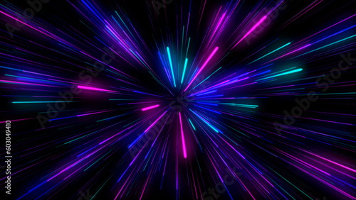 Illustration of Neon Stripes and Lines. Futuristic Background with Traces of Moving Fast Lights. Bright Stripes on Dark Backdrop.