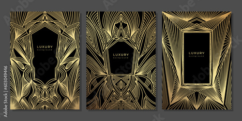 Set of luxury art deco style geometric linear template. Golden lines, stripes, waves. Black background with gold outline elements. Shiny stroke. Abstract minimalist gatsby style poster, banner, cover