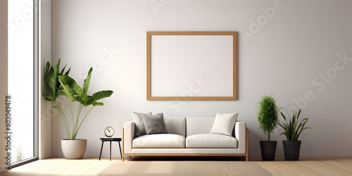 Blank picture frame mockup on white wall generative ai