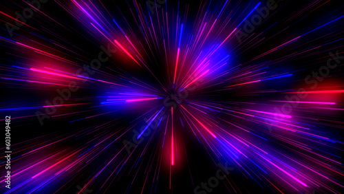 Abstract colorful Illustration. Acceleration speed motion on night road. Light and stripes moving fast over dark background.