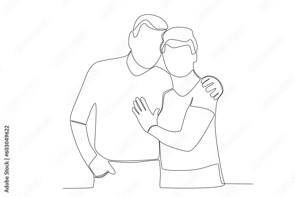 Grandfather embracing grandmother and one hand in pocket. Grandparent day one-line drawing