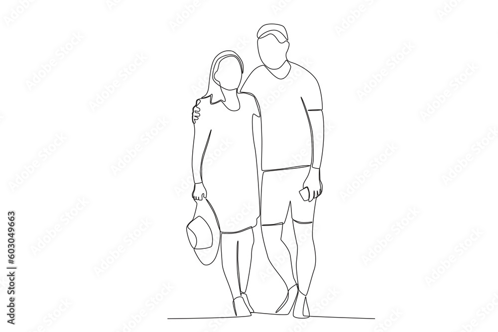 Grandparents walk leisurely while hugging. Grandparent day one-line drawing Grandparents walk leisurely while hugging. Grandparent day one-line drawing
