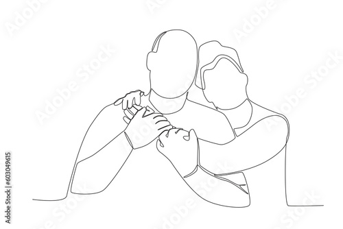 Grandmother hugs grandfather romantically. Grandparent day one-line drawing
