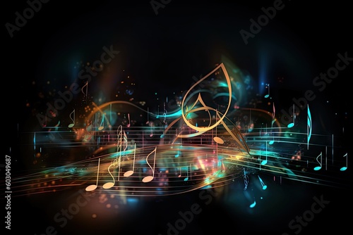 Abstract Music Background with Glowing Lights and Musical Symbols. Generative AI illustrations.