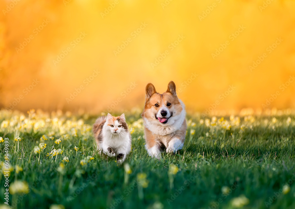 fluffy friends cat and dog corgi run through a sunny meadow on the grass on a spring day