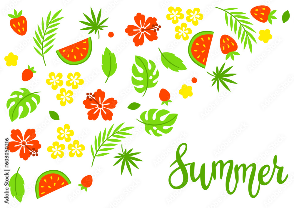 Background with summer plants. Beautiful tropical natural flowers, fruits and leaves.