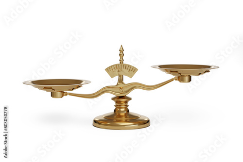 Golden uneven balance scales isolated on white background. 3d illustration.