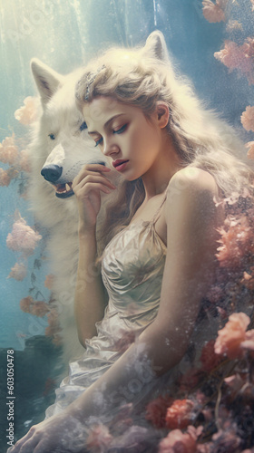 Ethereal and enchanted setting with a blonde woman and white wolf - ai generative