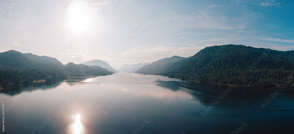 Panoramic photo of Aerial view on Teletskoye lake in Altai mountains, Siberia, Russia. Drone shot. Beauty summer day.