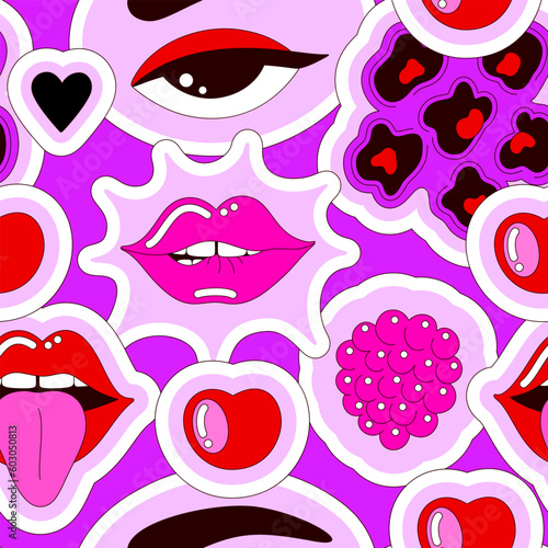 Bright vector seamless pattern of eye, lips, berries on purple background. Glamor illustration in 2000s style. Playful, fun design with black outline. Print for fabrics, wallpaper, wrapping paper