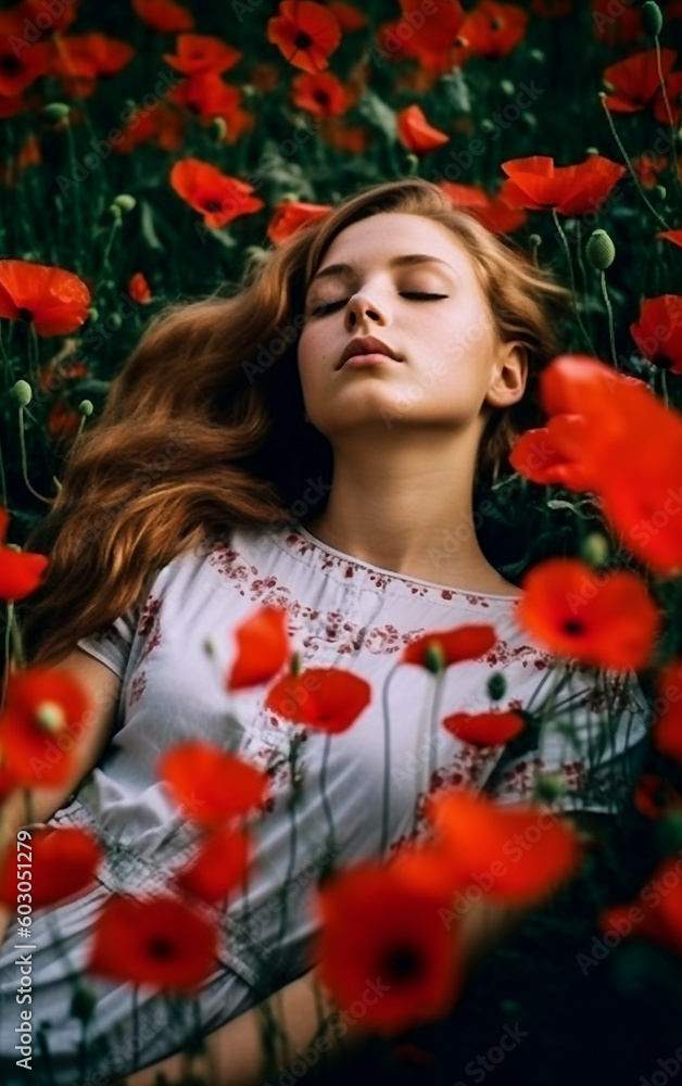 Naklejka premium Ethereal setting with young girl sleeps on a field of poppies - ai generative
