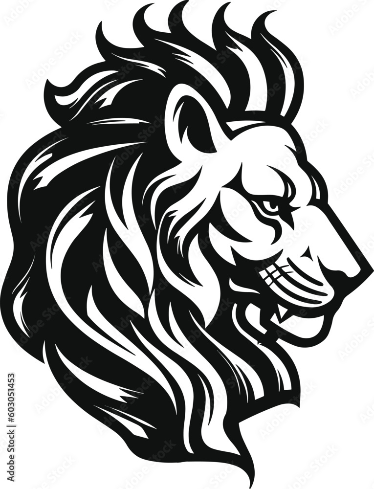 A lion head with a black mane and a white background.