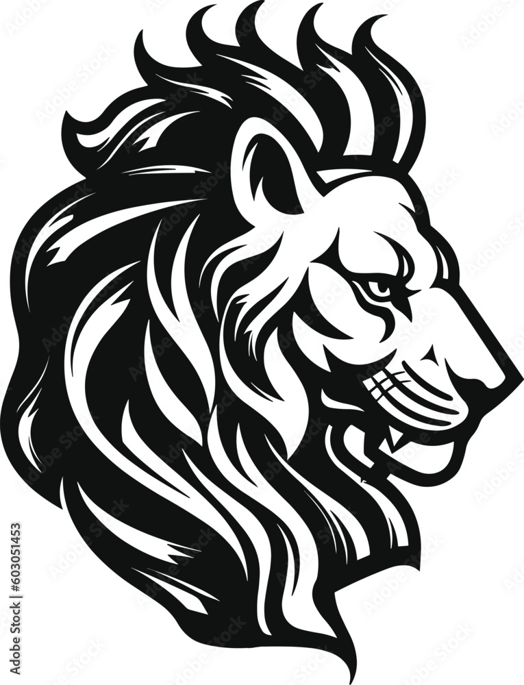 A lion head with a black mane and a white background. A lion head with a black mane and a white background.