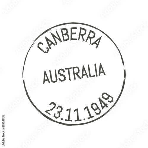 Canberra postage and postal stamp. Postal envelope Australia city mark, mail delivery Oceania region old vector seal or post departure country Australian Canberra ink stamp