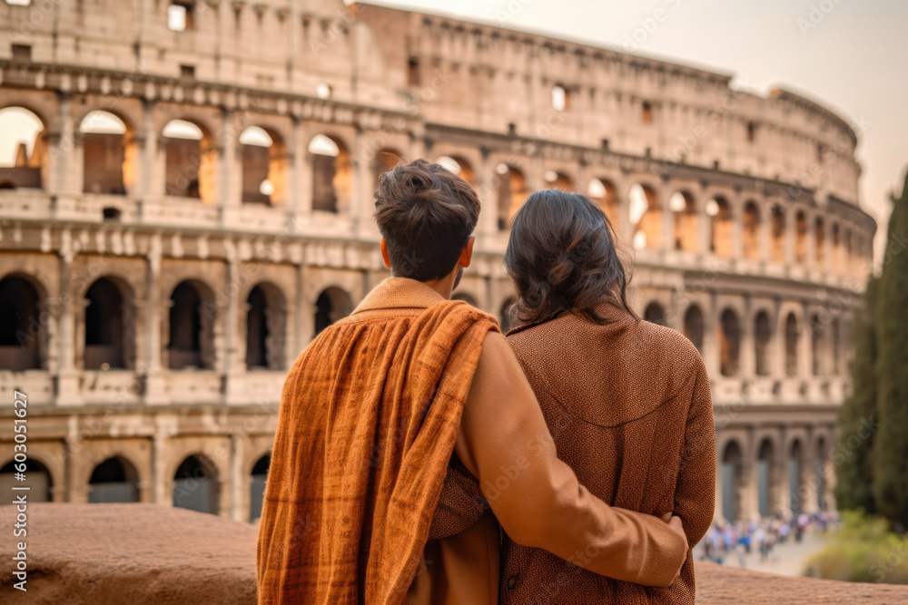 Couple against Colosseum, Rome, Italy.  Tourists in love, visiting italian famous landmarks. Generative AI.
