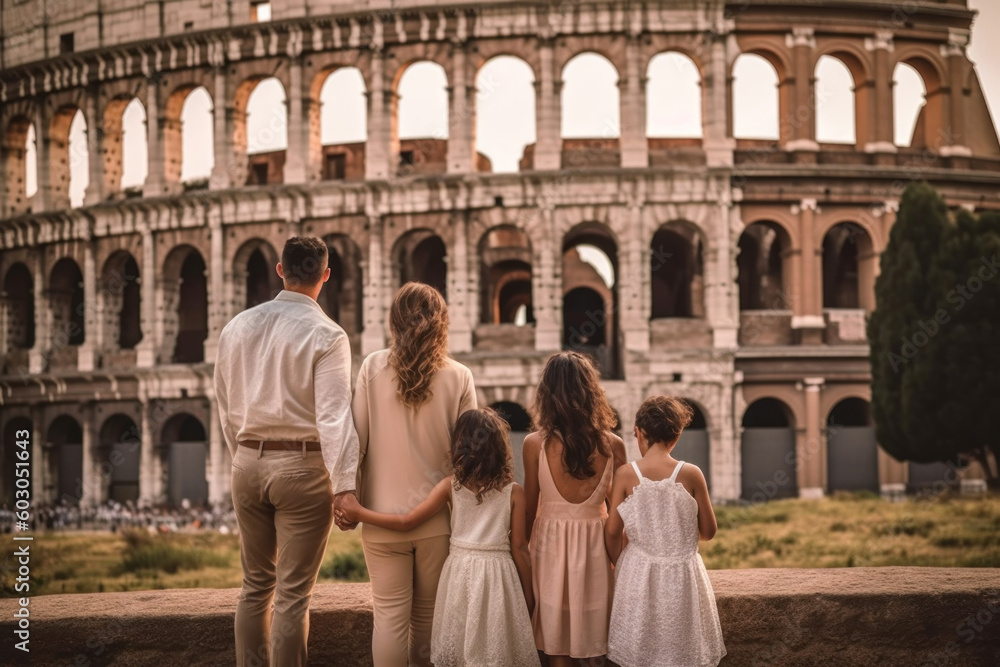 Family with kids against Colosseum, Rome, Italy.  People visiting italian famous landmarks. Generative AI.