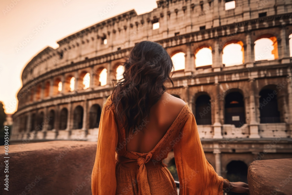 Back of woman against Colosseum, Rome, Italy.  Tourist visit italian famous landmark. Generative AI.