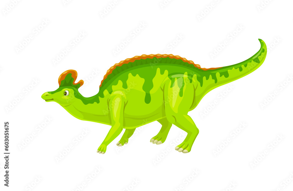 Fototapeta premium Cartoon lambeosaurus dinosaur character. Isolated vector herbivorous hadrosaur dino that lived in North America during the Cretaceous Period. Paleontology wildlife creature with green skin and crest