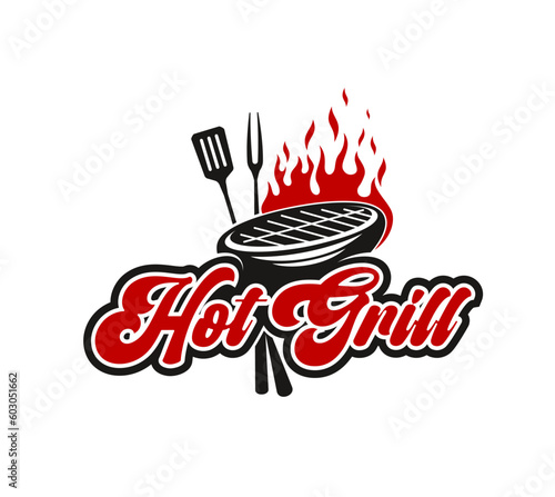 BBQ grill icon, hot fire and fork with spatula on steak grate, vector barbecue bar sign. Steakhouse restaurant or BBQ cuisine menu emblem with red fire flames for barbecue party and summer picnic