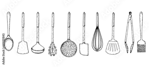Kitchen, tools, utensil, kitchenware sketch. Hand drawn sketches. Vector illustration. Spatula, ladle, tongs, whisk, slotted spoon, kitchen brush hand drawing illustration.