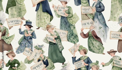 Modern pattern. Fashionable template for design. Vintage feminine print, women suffragettes in green dresses and signs, book, newspaper. photo