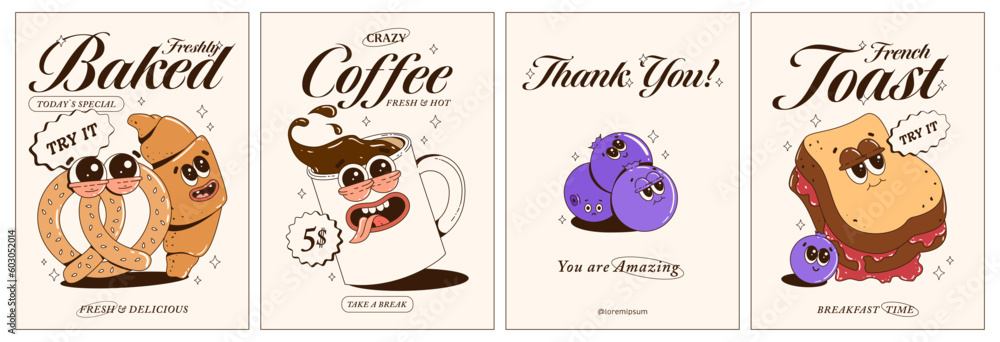 Trendy posters with funny characters. Fresh pastries, pretzel, croissant, French toast, coffee, blueberries. Branding mascots for cafe, restaurant, bar. Vector illustration. Trendy posters with funny characters. Fresh pastries, pretzel, croissant, French toast, coffee, blueberries. Branding mascots for cafe, restaurant, bar. Vector illustration.