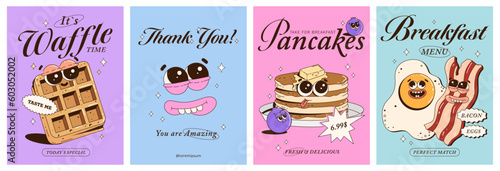 Trendy posters with funny characters. Fresh baked, pancakes, waffles, bacon, eggs, blueberries. Branding mascots for cafe, restaurant, bar. Vector illustration.
