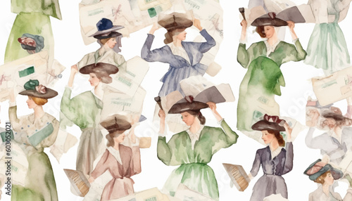 Modern pattern. Fashionable template for design. Vintage feminine print, women suffragettes in green dresses and signs, book, newspaper.