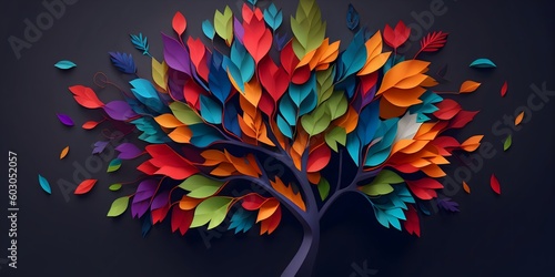 Fototapeta Naklejka Na Ścianę i Meble -  Colorful tree with leaves on hanging branches of blue, white and golden illustration background. 3d abstraction wallpaper for interior mural wall art decor. floral tree with multicolor leaves. ai