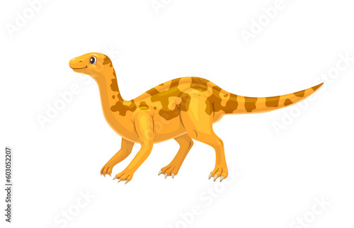 Cartoon mussaurus dinosaur character. Isolated vector herbivorous sauropodomorph dino of late triassic period. Prehistoric animal with yellow skin and brown spots, wild monster paleontology creature