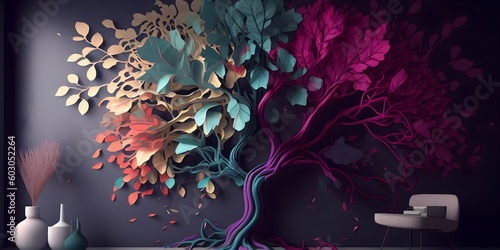 Fototapeta Naklejka Na Ścianę i Meble -  Colorful tree with leaves on hanging branches of blue, white and golden illustration background. 3d abstraction wallpaper for interior mural wall art decor. floral tree with multicolor leaves. ai