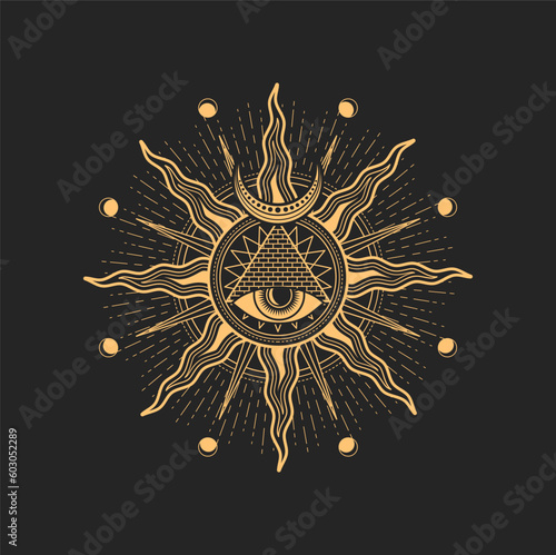 All-seeing eye in Egyptian pyramid and Sun with crescent moon esoteric occult pentagram or magic tarot sign. Vector spiritual magic emblem, isolated alchemy symbol. Solar star with radiant rays