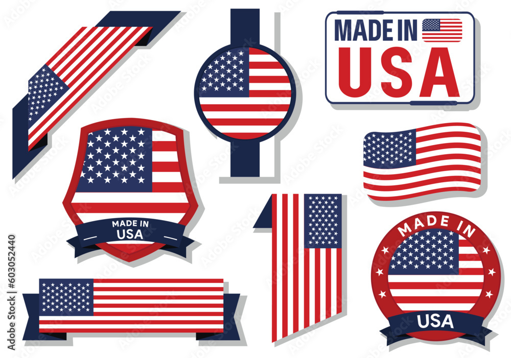 Collection of made in Usa badges labels Usa flag in ribbon vector illustration Collection of made in Usa badges labels Usa flag in ribbon vector illustration