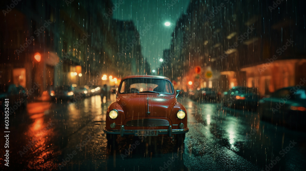 rain is falling under the classic vehicle represent loneliness. generative AI