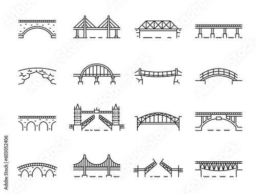 Line bridge icons, viaduct arches over river or railway road bridges, vector symbols. Building and construction outline icons of suspension bridge or city drawbridge and tower gate architecture