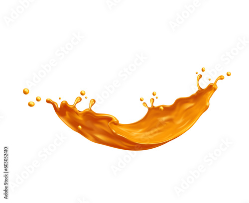 Golden wave flow splash, gold oil or sweet caramel syrup splatter, realistic vector background. Golden wave splash of long flow or orange juice pour spill with droplets of candy caramel or toffee