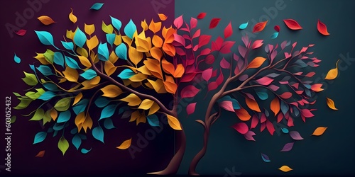 Fototapeta Naklejka Na Ścianę i Meble -  Colorful tree with leaves on hanging branches of blue, white and golden illustration background. 3d abstraction wallpaper for interior mural wall art decor. floral tree with multicolor leaves. ai